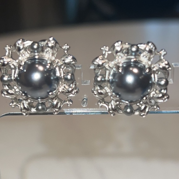 Erwin Pearl clip on earrings Vintage Semi-baroque Tahitian Pearl silver w/ blue - Picture 3 of 7